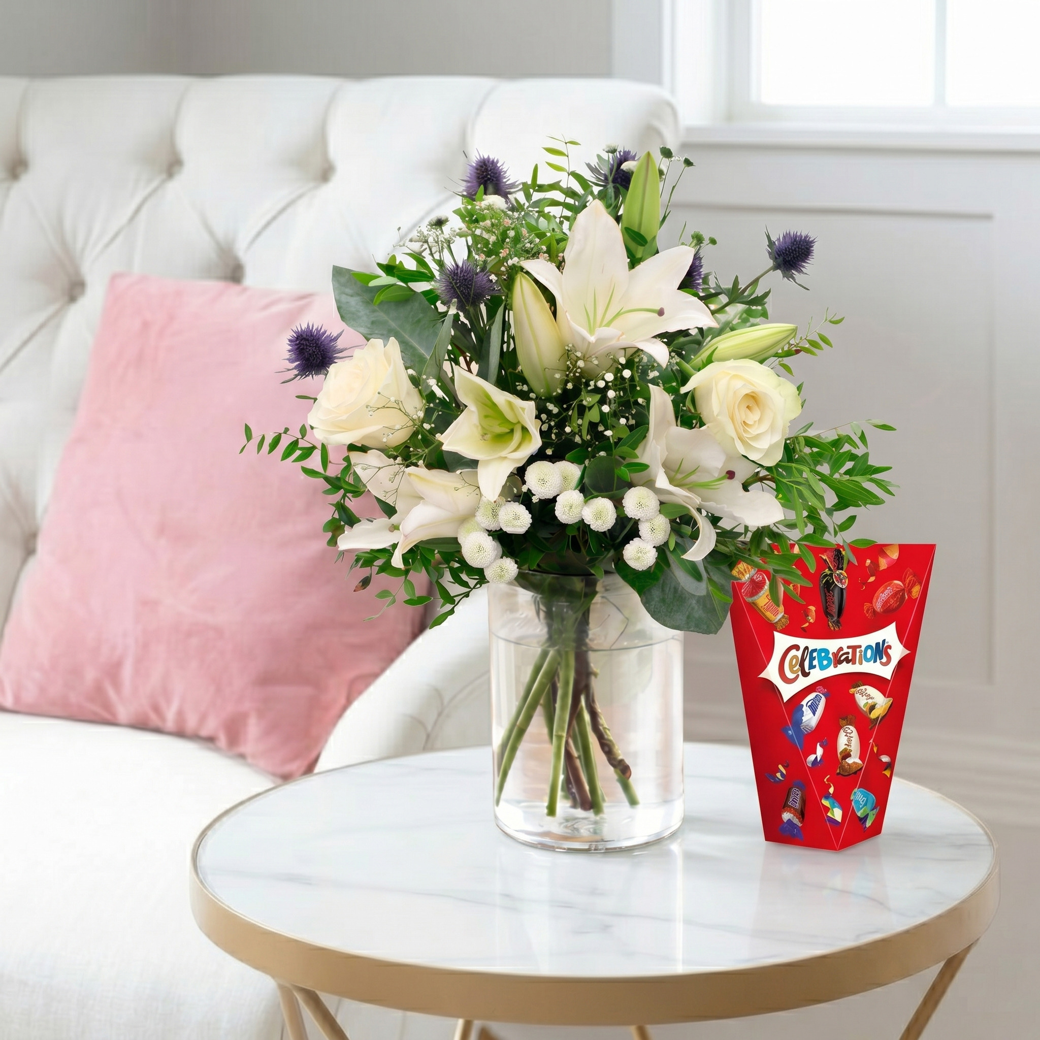 Flowers & Chocolates Gift Set - Blue Serenity, Celebrations & Vase - Blue & Cream Germini & Lilies - Next Day Flower & Gift Delivery UK - Blossoming