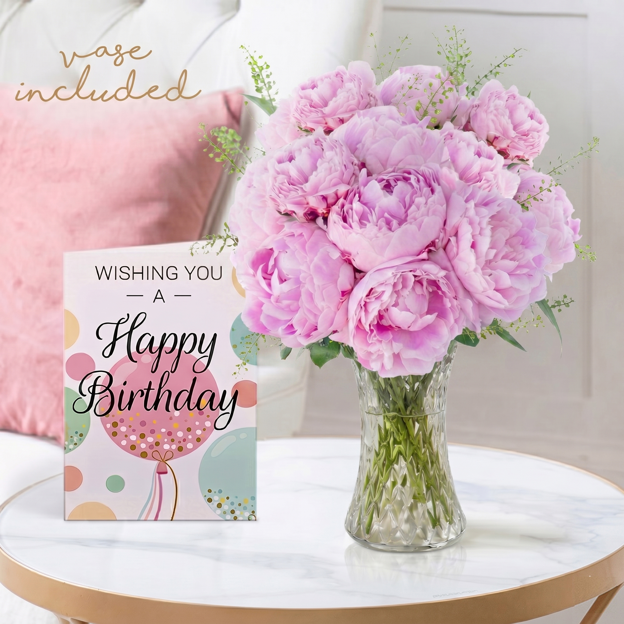 Birthday Flower Bouquet Gift Set - Pink Peonies, Vase & Birthday Card - Peonies - Next Day Flower & Gift Delivery UK - Blossoming Gifts