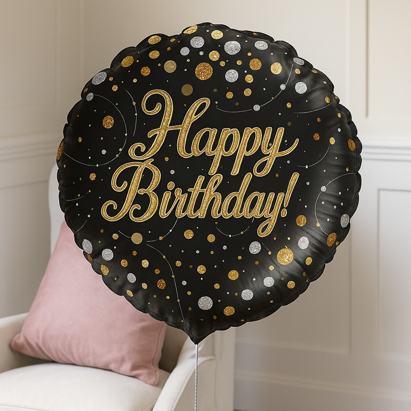 Hampers - Happy Bithday Black and Gold Balloon - Next Day Hamper Gift Delivery UK - Blossoming Gifts
