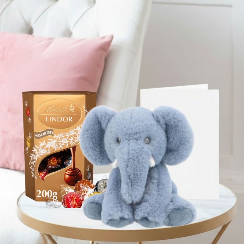 Keels Baby Ezra Elephant (14cm) , Lindor Assorted Truffles (200g) & Occasion Card image