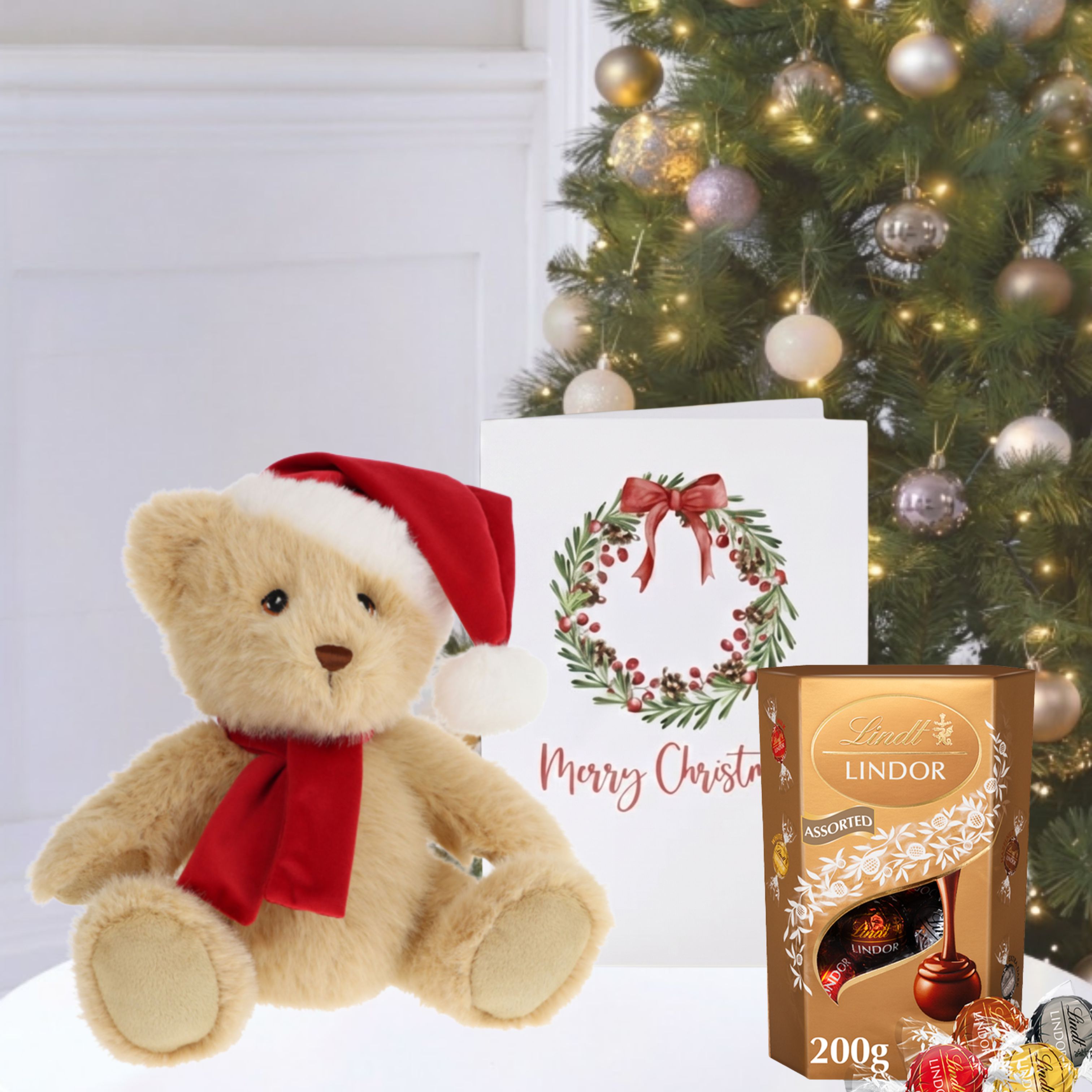 Keels Christmas Bear with Hat (20cm),  Lindor Assorted Truffles (200g) & Christmas Card image