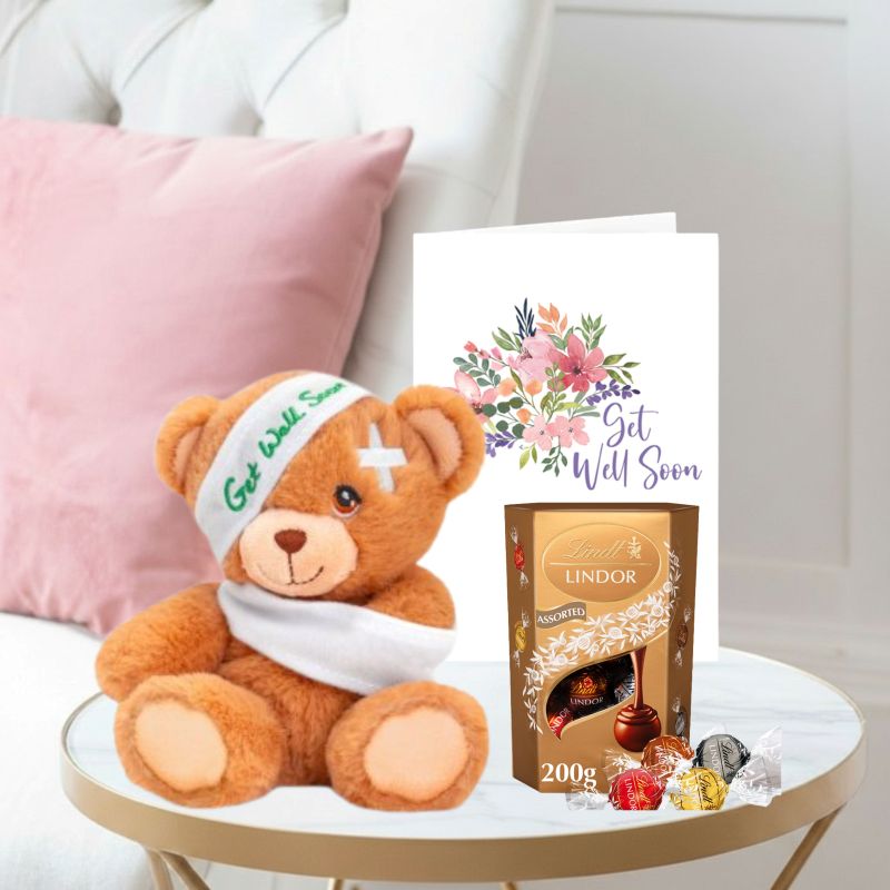 Keels Get Well soon Bear (15cm), Lindor Assorted Trufles (200g) & Get well soon Card image