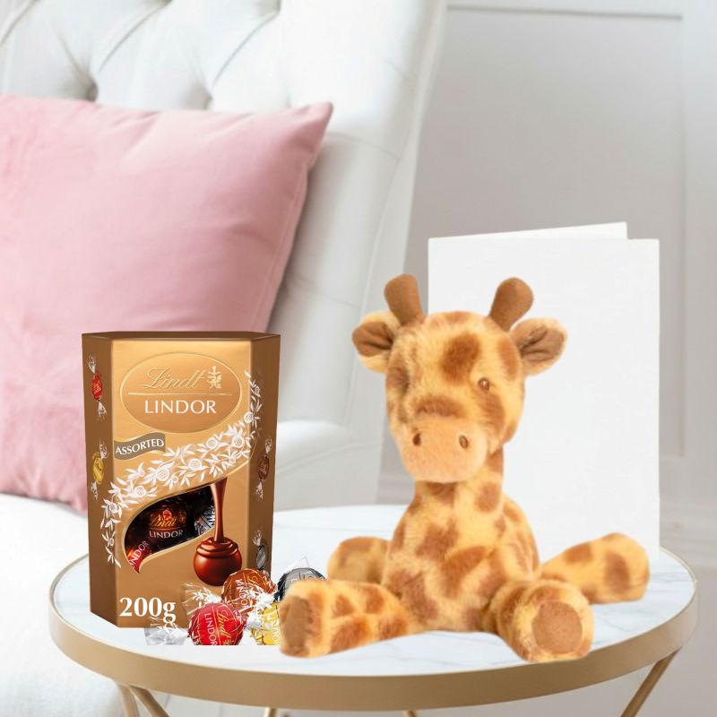Keels Huggy Giraffe( 17cm) , Lindor Assorted Truffles (200g) & Occasion Card image