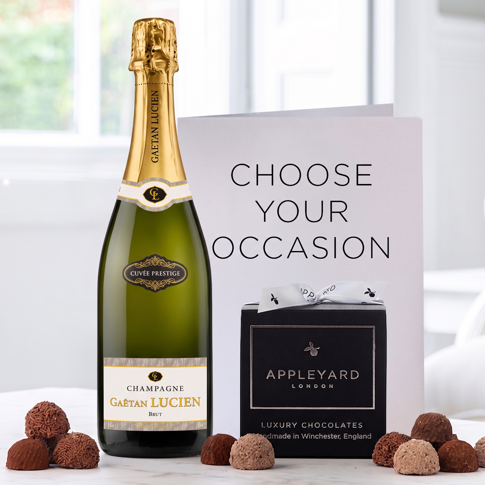 Champagne Dericbourg (75cl), 12 Handmade Chocolate Truffles & Occasion Card image