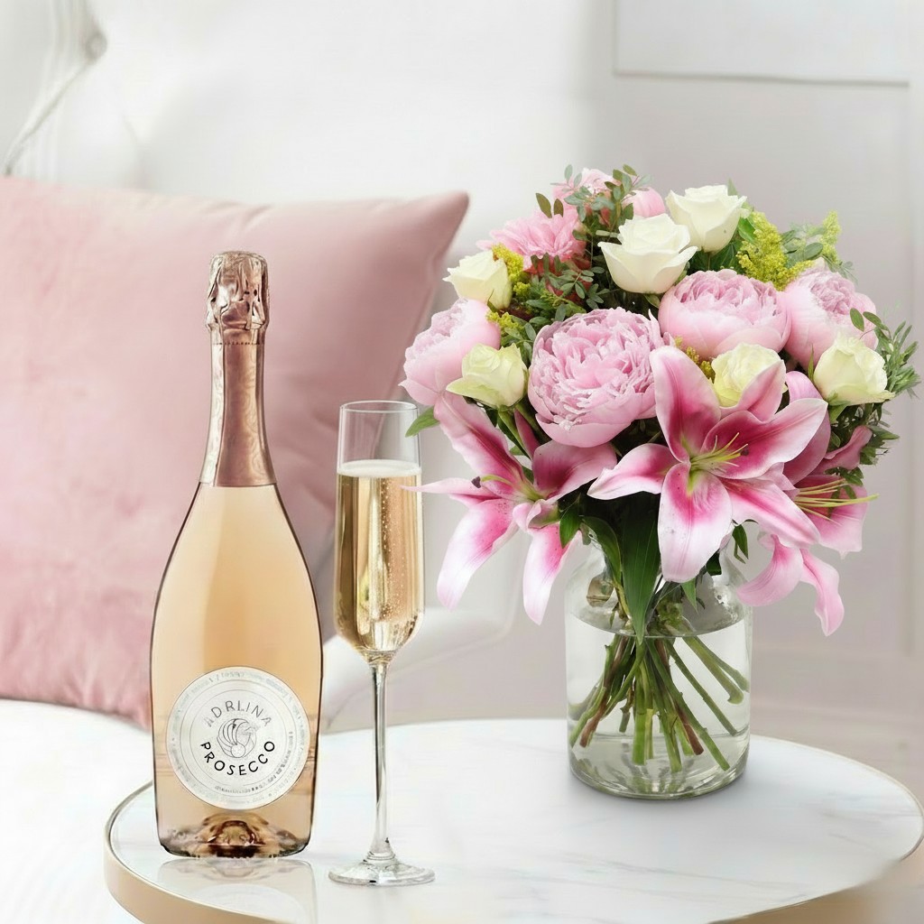 Peony, Rose & Lily, Vase & Prosecco Rosé - Next Day Flower & Gift Delivery UK - Blossoming Gifts