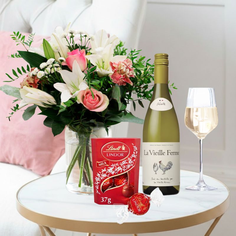 Flowers & Wine Gift Set - Pink Purity, Rosé Chicken Wine & Lindor Chocolates - Cream & Pink Lilies & Roses - Next Day Flower & Gift Delivery UK -