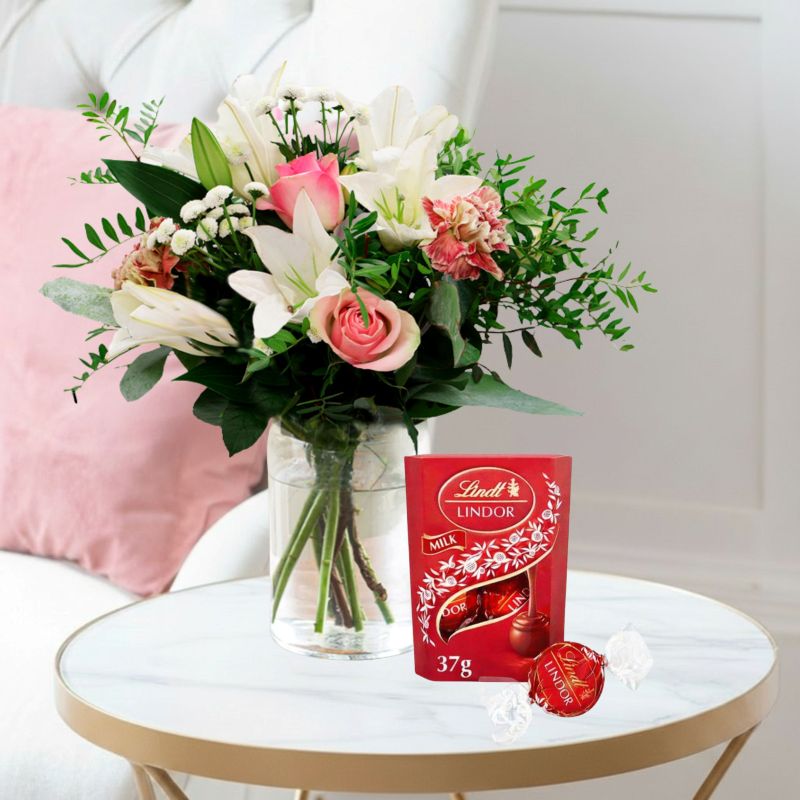 Flowers & Chocolates Gift Set - Pink Purity & Lindor Chocolates - Cream & Pink - Next Day Flower & Gift Delivery UK - Blossoming Gifts
