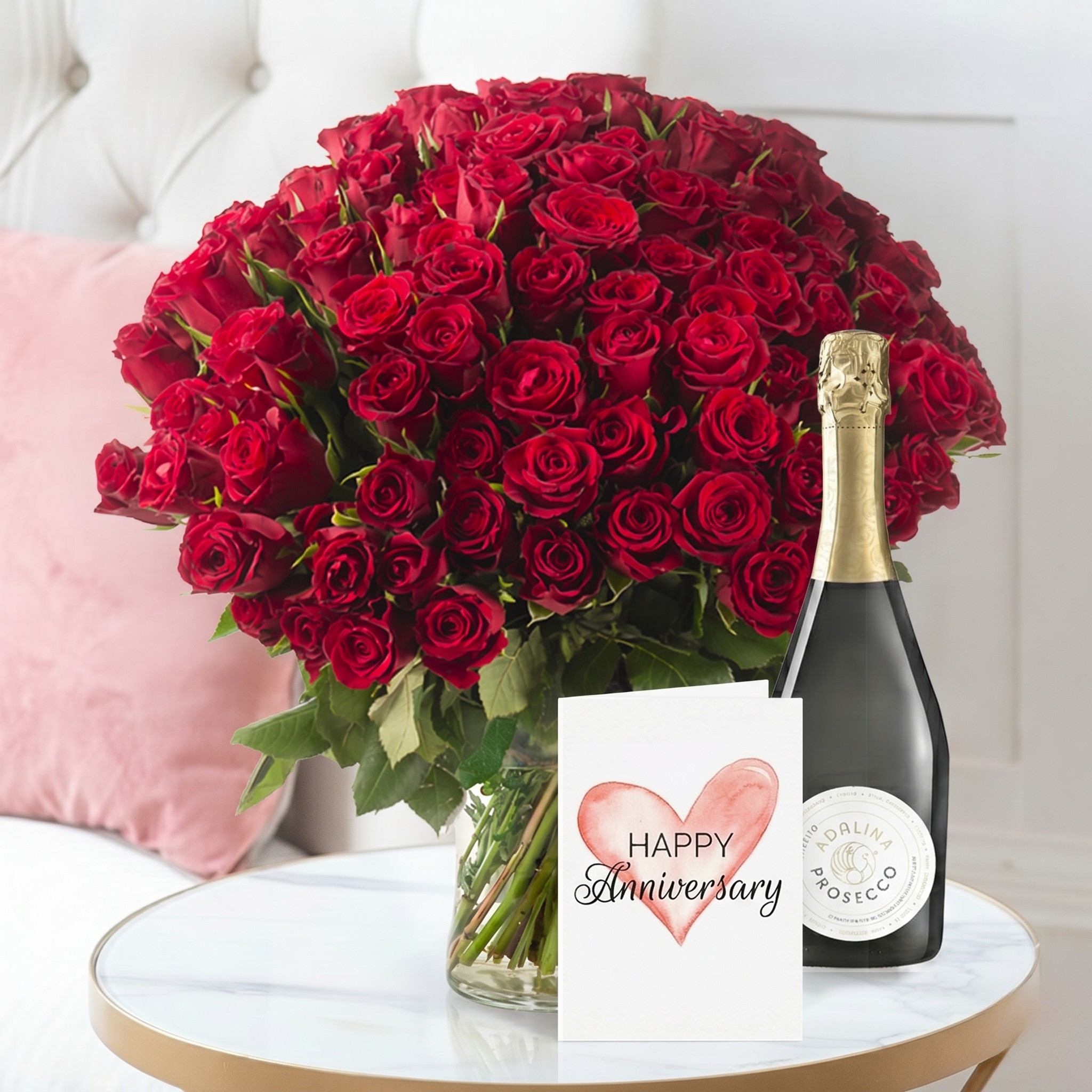 Anniversary Flower Bouquet Gift Set - 100 Sweetheart Red Roses, Prosecco & Anniversary Card - Roses - Next Day Flower & Gift Delivery UK - Blossoming