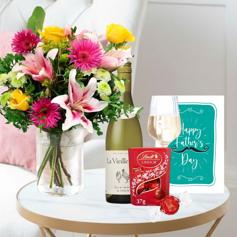 Flowers & Wine Gift Set - Radiant Glow, Rosé Chicken Wine , Lindor Chocolates & Father's Day Card - Green & Pink - Next Day Flower & Gift Delivery UK