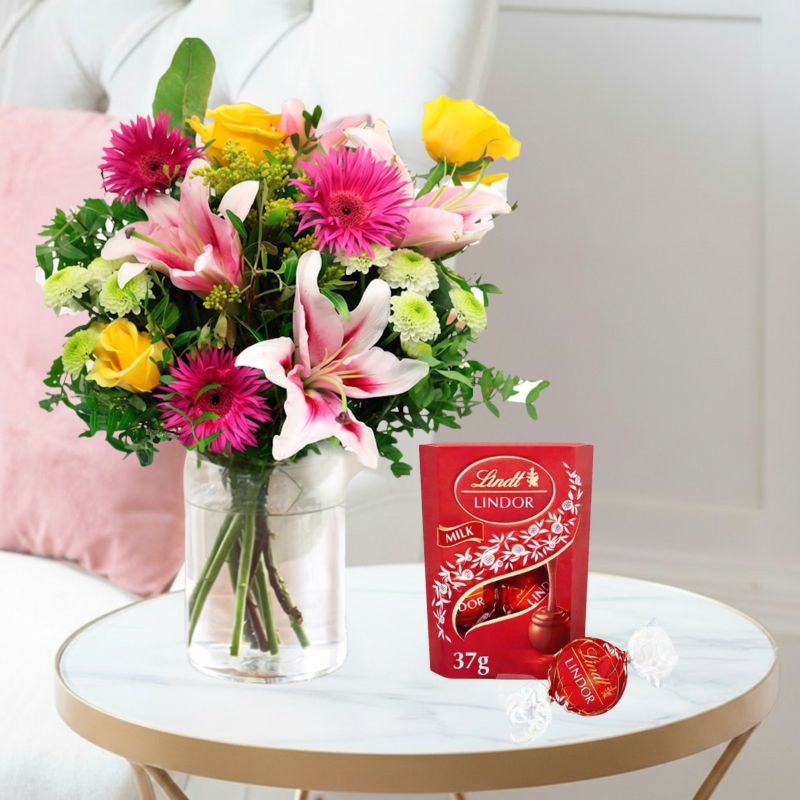 Flowers & Chocolates Gift Set - Radiant Glow & Lindor Chocolates - Green & Pink Lilies & Roses - Next Day Flower & Gift Delivery UK - Blossoming Gifts