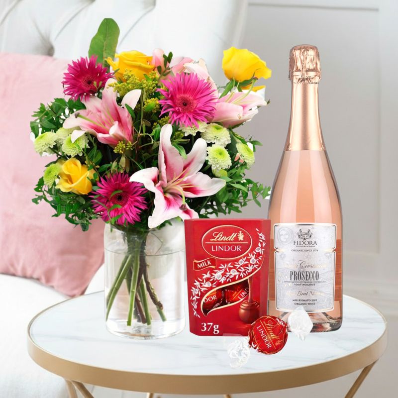 Flowers & Wine Gift Set - Radiant Glow, Fidora Rosé Prosecco & Lindor Chocolates - Green & Pink Roses - Next Day Flower & Gift Delivery UK -