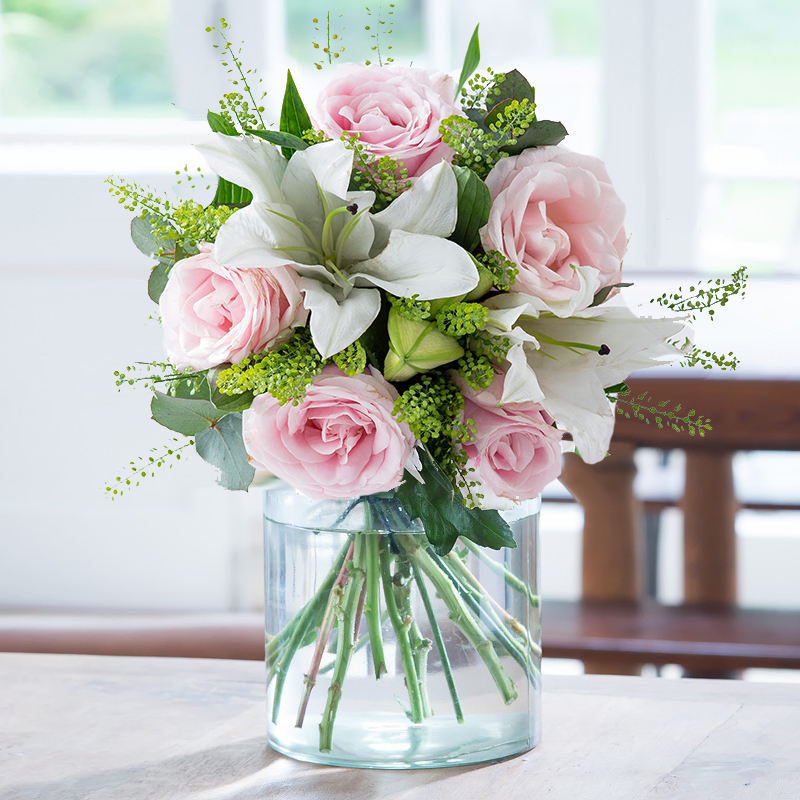 Green & Pink Flower Bouquet - Blush Pink Rose & Lily Eucalyptus & Lilies - Next Day Flower Delivery UK - Blossoming Gifts