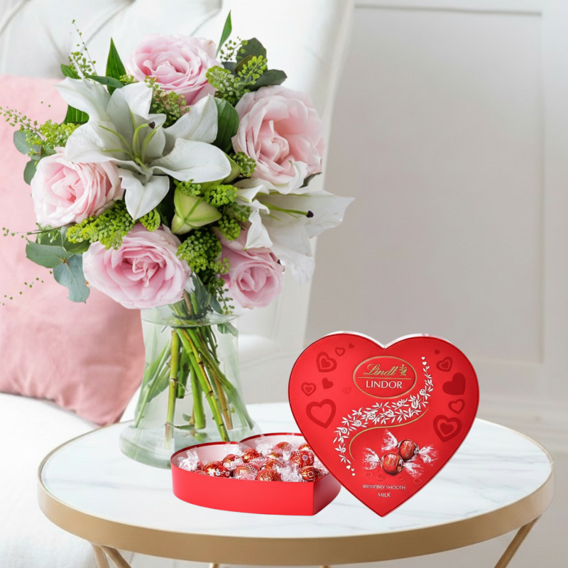 Flowers & Chocolates Gift Set - Blush Pink Rose & Lily & Lindor Heart Chocolates - Green & Pink Eucalyptus & Lilies - Next Day Flower & Gift Delivery